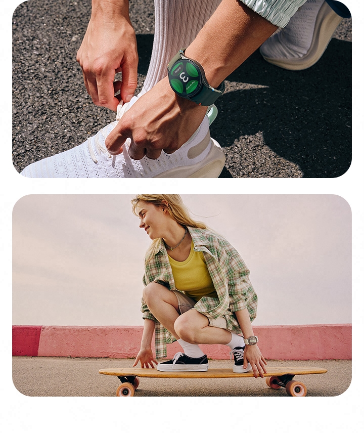 A hand tying a shoe is wearing a Galaxy Watch7 displaying the workout tracking countdown screen. In another scene, a woman wearing a Galaxy Watch7 is riding a skateboard.
